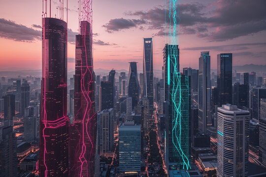 Burgundy and Aqua Urban Skyline Showcasing Connectivity and Financial Trends