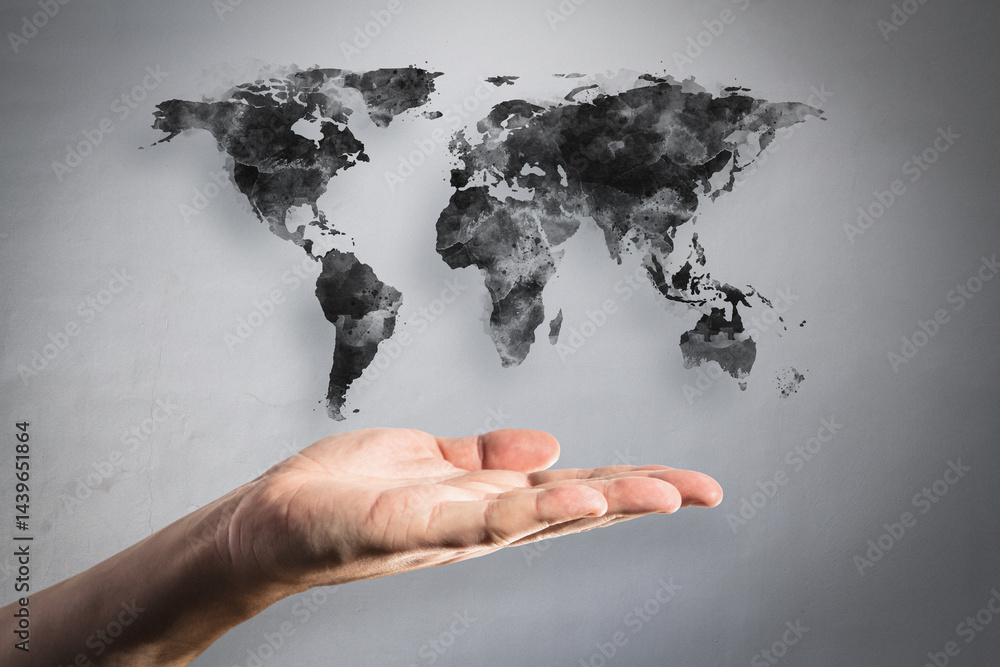 Poster hand presenting abstract black world map on light background concept of global business and creative