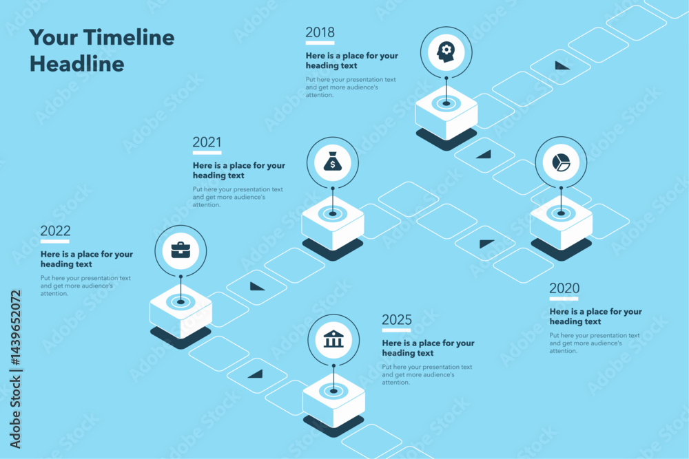 Aufkleber isometric timeline infographic template with five stages - blue version. flat diagram for workflow l