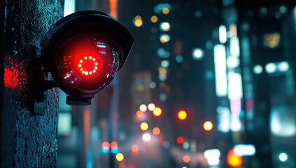 Surveillance camera with red light in urban setting, capturing essence of security and vigilance at night