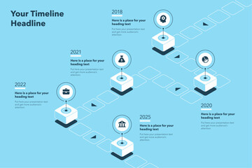 Isometric timeline infographic template with five stages - blue version. Flat diagram for workflow layout, banner or web design.