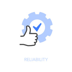 Simple visualised reliability icon symbol with thumbs up and a cogwheel with checkmark.
