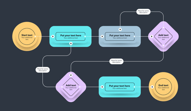 Modern template for process flow diagram - dark version. Flat infographic design for website or data presentation.