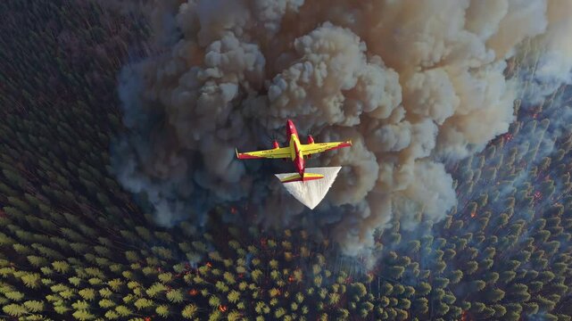Aerial firefighter dropping water onto burning forest, suppressing massive wildfire from above with strategic precision during intense firefighting operation