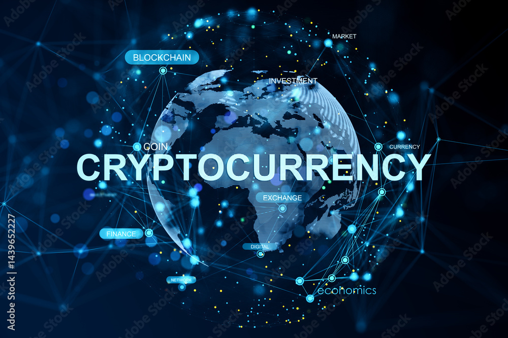 Aufkleber Futuristic cryptocurrency concept with digital connections and blockchain technology around Earth on dark background in glowing blue tones.. 3D Rendering
