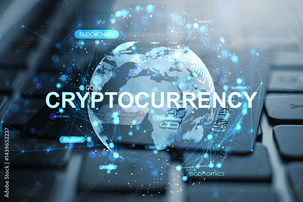 Poster Futuristic digital concept of cryptocurrency and blockchain network over world map on keyboard background in modern financial technology theme.