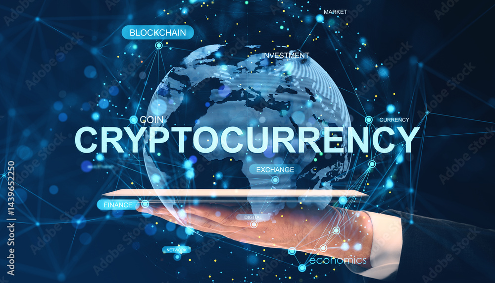 Poster businessman holding tablet with digital globe and cryptocurrency network connections in modern blue 