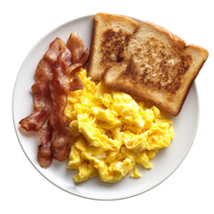 Classic American breakfast plate with scrambled eggs, crispy bacon, and toasted bread on white plate. meal is appetizing and perfect for hearty start to day