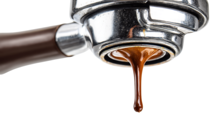 Sharp thin line of espresso dripping from portafilter, showcasing rich, dark coffee against transparency background. image captures essence of freshly brewed espresso