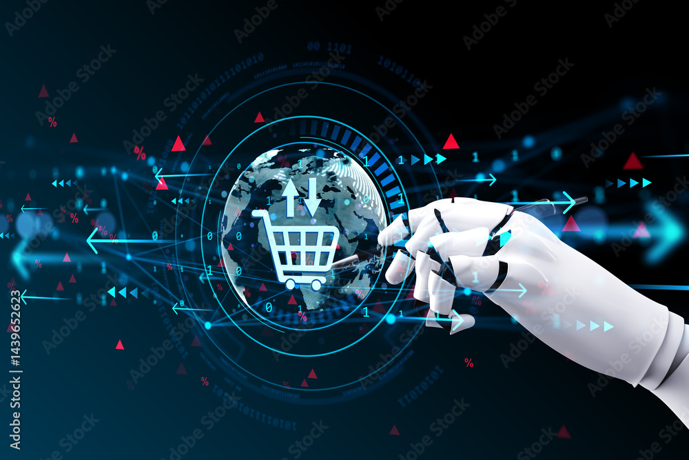 Leinwandbilder futuristic robotic hand interacting with digital ecommerce globe interface on dark cyberspace backgr