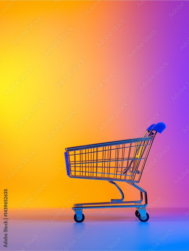 Poster empty shopping cart in bright light: an image showcases a small, empty shopping cart against a gradi