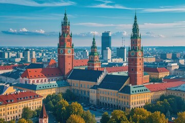 Obraz premium Lavish City Towers and Stunning Cityscape in Downtown Warsaw Under a Flawless Cerulean Sky