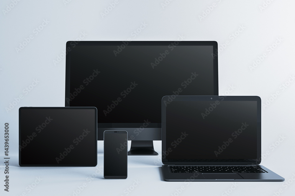 Poster Digital device mockup with blank screens including desktop, laptop, tablet, and smartphone on light background for display presentation template. 3D Rendering