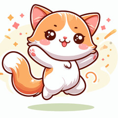 Fototapeta premium Cheerful, cartoonish orange and white cat character in a joyful, animated leap, set against a light background.