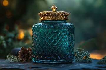 Emerald glass jar with dark liquid exuding royal charm