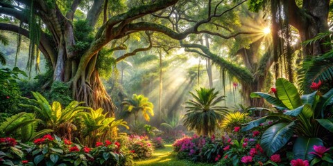 Obraz premium Sunlit Path Through Lush Tropical Garden with Ancient Tree and Vibrant Flowers