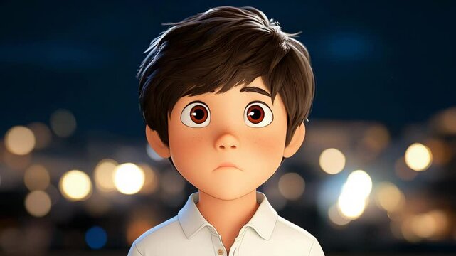 Thoughtful young boy with dark hair and a contemplative expression, with soft lighting against a gentle background.
