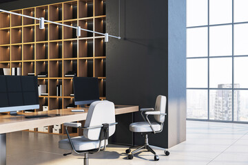 Modern corporate office interior with wooden shelving, minimalist desks, and city view through large windows in professional workplace setting. 3D Rendering