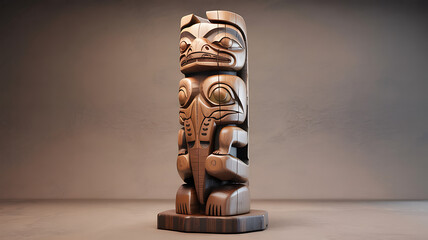 Wood carving of a totem pole depicting animal figures at a gallery