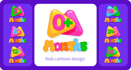 Cartoon colored icons with children's ages and dates of babies by months. Set of illustrations for kids design