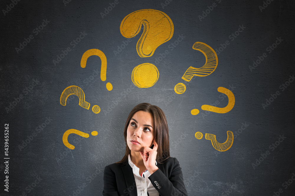 Poster thoughtful woman with hand on chin surrounded by yellow question marks on dark textured background, 