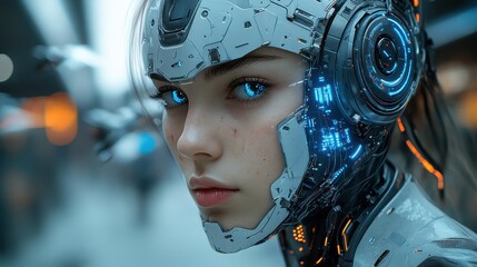 Futuristic cybernetic woman with glowing blue eyes in a tech cityscape