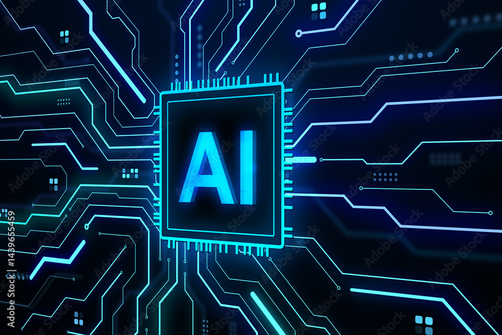Aufkleber Futuristic AI microchip with glowing circuits on dark background, symbolizing technology and innovation concept in modern digital design. 3D Rendering