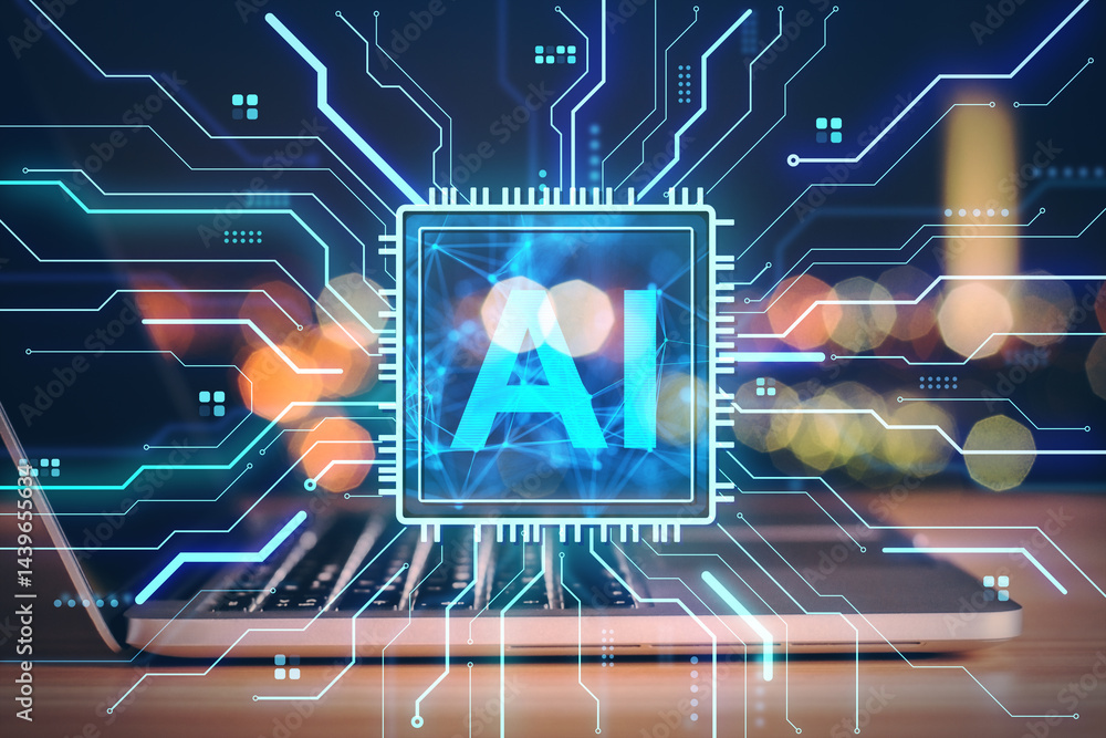 Leinwandbilder Futuristic AI microchip design with glowing circuitry lines on abstract blurred background and laptop, representing advanced technology concept.
