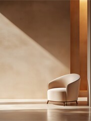 Sunlight Dappled Armchair: A soft, inviting armchair bathed in the warm glow of sunlight, exuding a sense of calm and sophistication in a minimalist interior.
