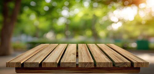 Wooden table outdoors, park background