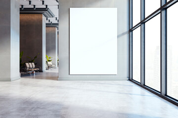 Vertical blank poster mockup on wall in modern office hallway with large windows and city view in bright daylight interior. 3D Rendering