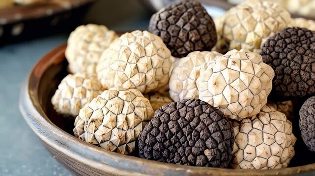 Monochrome truffles displaying culinary elegance, highlighting contrasting shapes and rich gourmet details on white ceramic surface