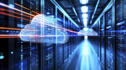 Cloud computing technology enhances data security and efficiency in modern data centers, showcasing vibrant digital clouds