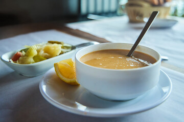 Lentil soup with vegetables Ezogelin chorbasy, Turkish cuisine