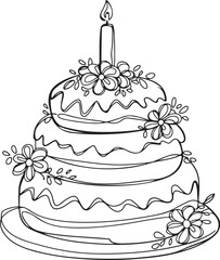An artistic black linear illustration of a three layer birthday cake featuring a candle and floral decorations in elegant continuous line art isolated on a crisp white background