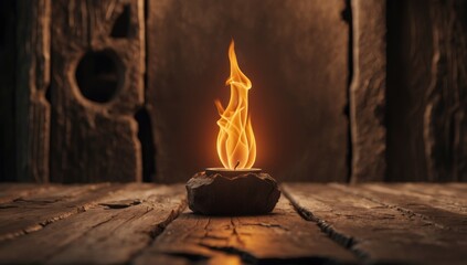 A single bright candle flame casts a warm glow, resting on a rustic wooden surface against a dark,