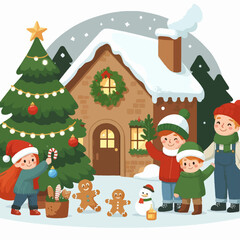 Heartwarming illustration depicts a family decorating a Christmas tree outside a cozy house, surrounded by snow and festive decorations.