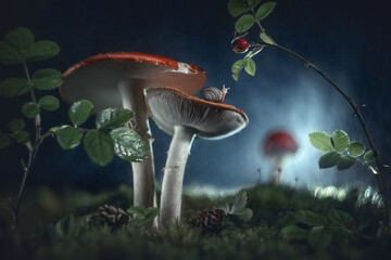 Macro image, magical night forest with mushrooms and a snail in the rain. The image conveys the atmosphere of a fairy tale, nature, magic. Suitable for use in children's books, illustrations.
