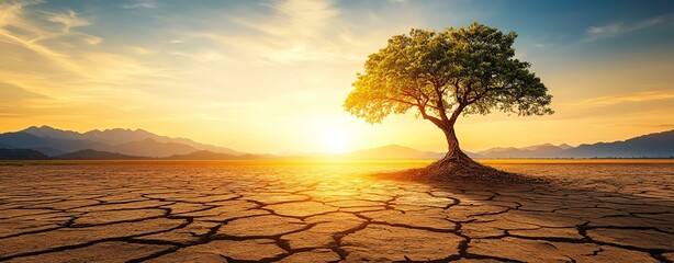 Rising temperatures threaten ecosystems A solitary tree stands resilient against a backdrop of a dry, cracked landscape, symbolizing endurance in a changing environment.