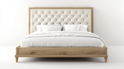 Elegant and cozy 3D rendered bedroom featuring stylish bed with tufted headboard and soft bedding, creating serene atmosphere