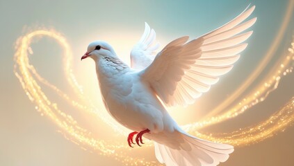 Obraz premium A symbolic white dove soars with outstretched wings, bathed in golden light and creating a sense of