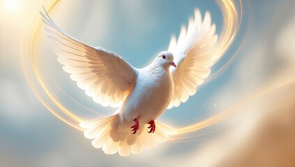 Fototapeta premium Serene white dove soaring through the sky with wings spread, radiating hope and peace in a heavenly