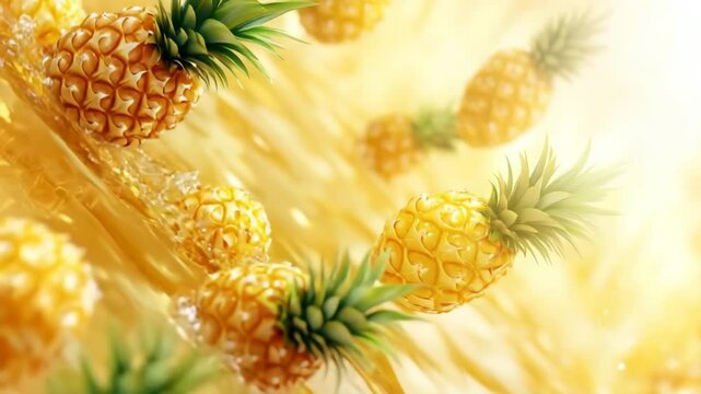 Dynamic and vibrant composition of golden pineapples floating in radiant in juice under sunlight, creating a tropical, fresh, and lively aesthetic with a sunny burst of energy