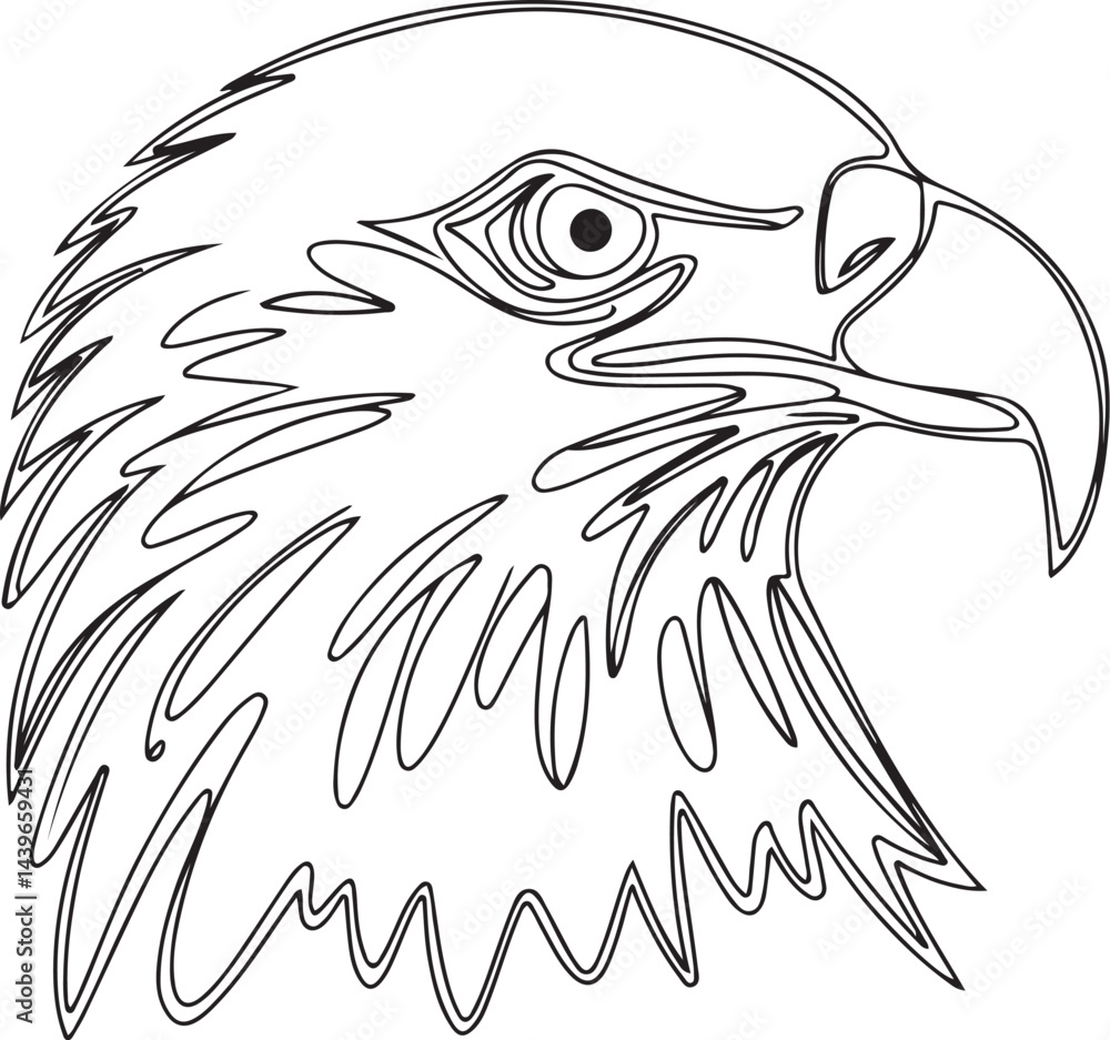 Poster an expressive black linear continuous line illustration of a majestic eagle head in a horizontal pos