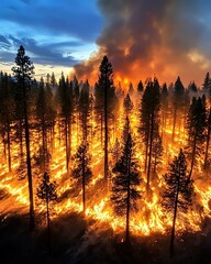 Rising temperatures threaten ecosystems A dramatic scene of a forest fire engulfing trees, showcasing the intense colors and destruction in nature.