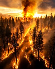 Rising temperatures threaten ecosystems A dramatic scene of a forest fire showcasing the blaze engulfing trees against a stunning sunset backdrop.