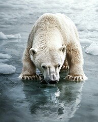 Rising temperatures threaten ecosystems A majestic polar bear stands on ice, showcasing its powerful form and unique habitat amidst shimmering water.