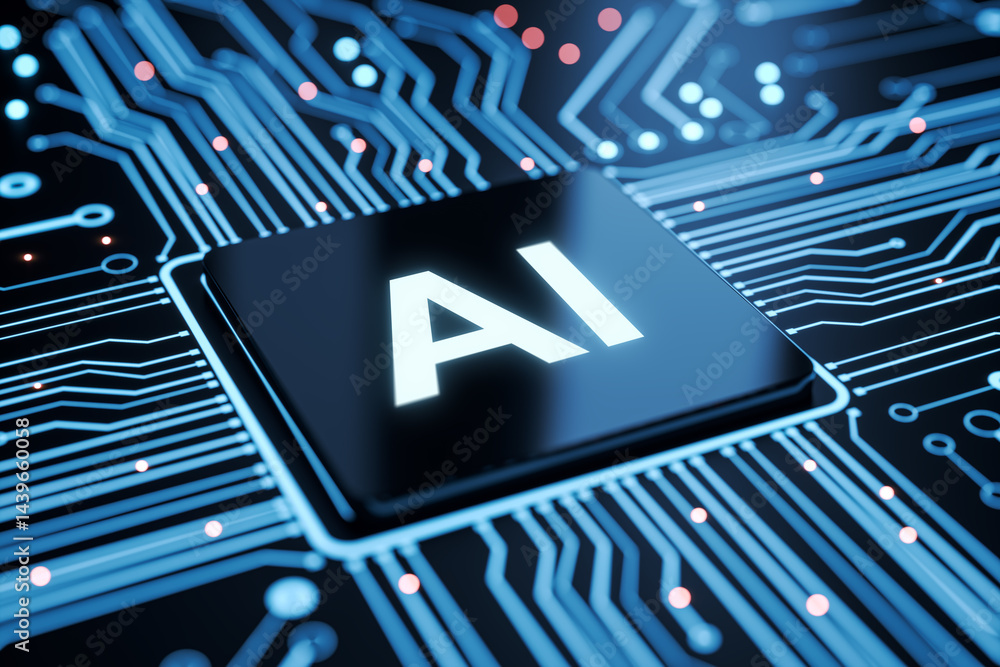 Poster Close-up of AI processor chip on futuristic motherboard with glowing circuits and digital connections symbolizing artificial intelligence technology. 3D Rendering