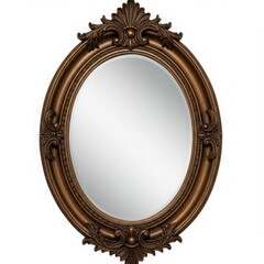 Ornate oval mirror with bronze frame isolated on white background