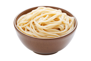 Cooked udon noodles served in brown ceramic bowl, isolated on white transparent background, representing Asian cuisine and traditional food